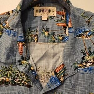 Campia Moda Mens Blue Tropical Aloha Shirt Rayon Palm Tree Surfboard Medium